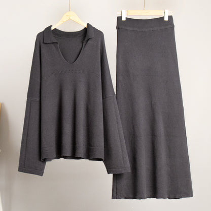 Fashionable V-Neck Knit Sweater And Skirt Set