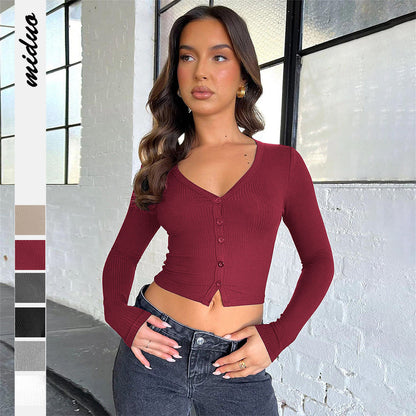 Button-Detail Ribbed Cardigan Casual V-Neck Long Sleeve Top