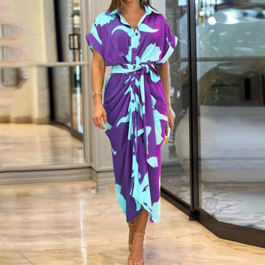Women'S Printed Polo Collar Short Sleeve High Waist Long Shirt Dress