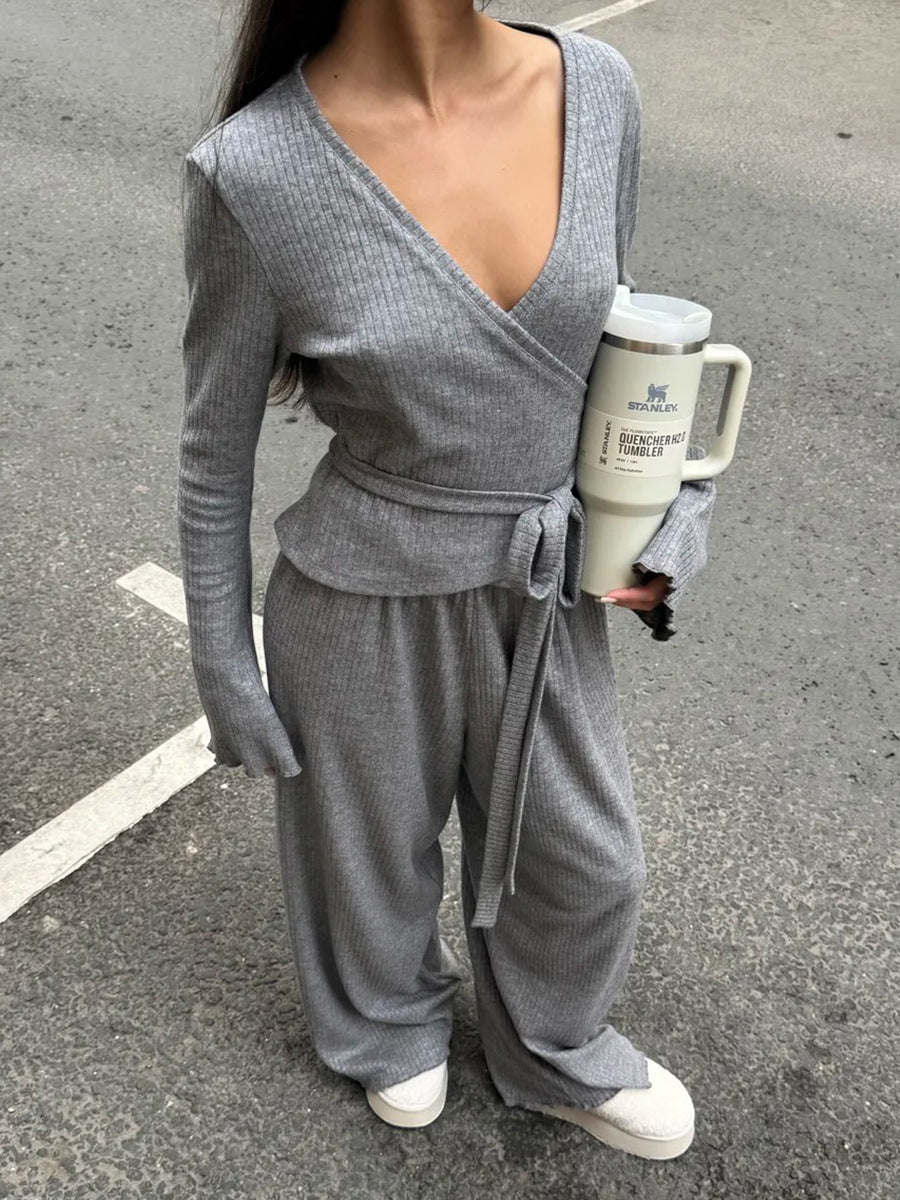 V-Neck Knit Long Pants Set Stylish Casual Outfit