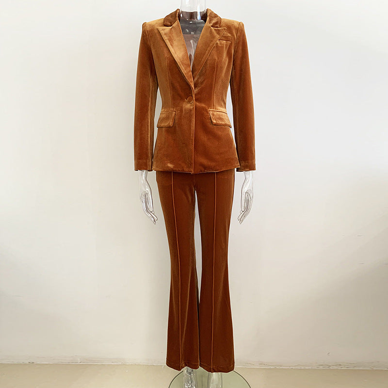 Elegant Velvet Blazer And Flare Pants Set