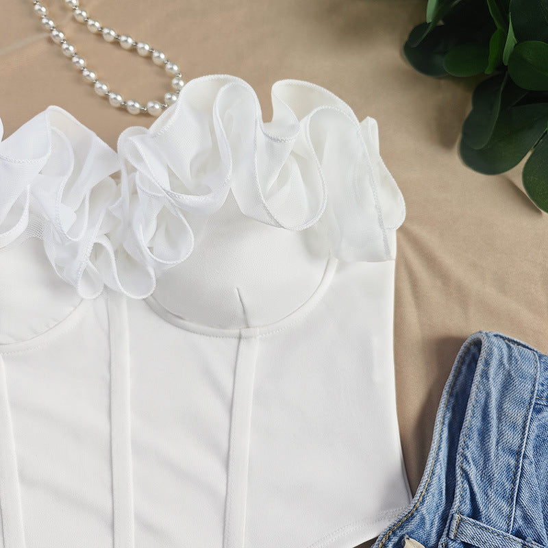 Sweet White Petal Trim Bustier Top For Stylish Occasions