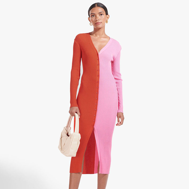Women'S Autumn New Temperament Commuter Color Matching Button High Waist Long Dress