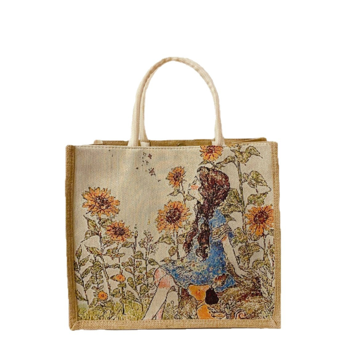 Linen Tote Bag Cute Cartoon Embroidery Large Capacity