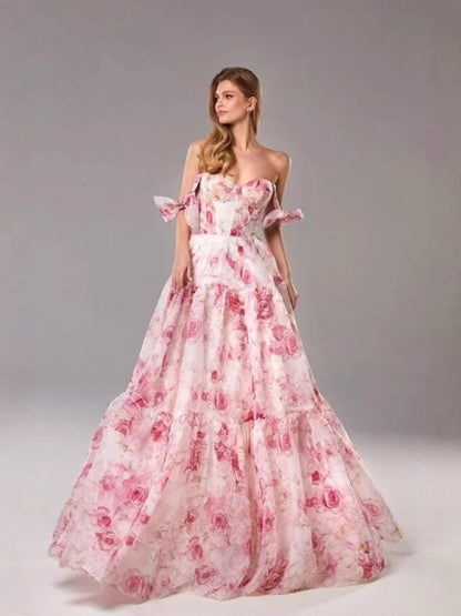 Elegant Sheer Off-Shoulder Dress With 3D Floral Design
