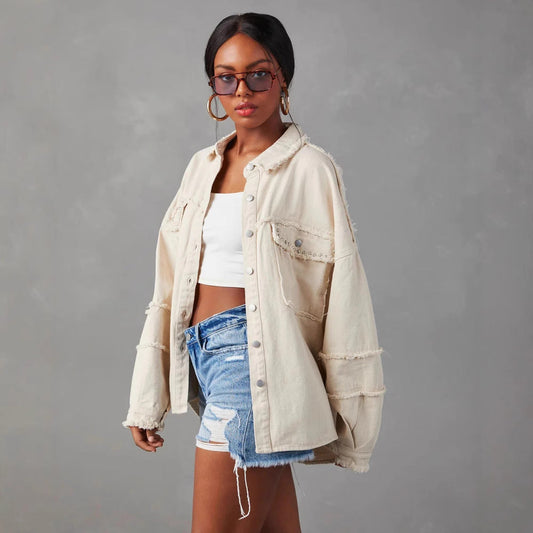 Trendy Oversized Denim Jacket With Studded Collar
