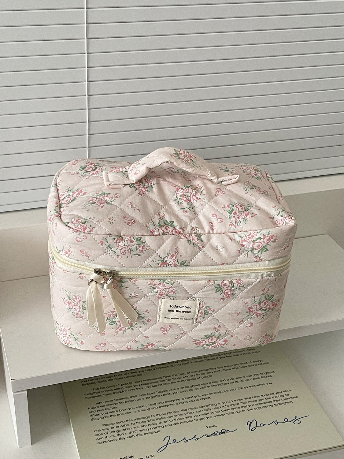 Pink Floral Quilted Makeup Travel Bag Stylish Large Capacity