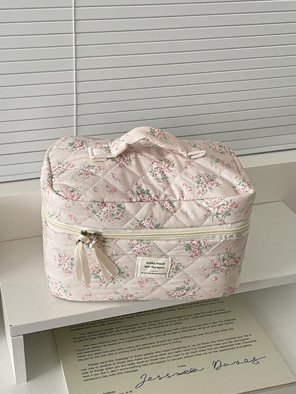 Pink Floral Quilted Makeup Travel Bag Stylish Large Capacity