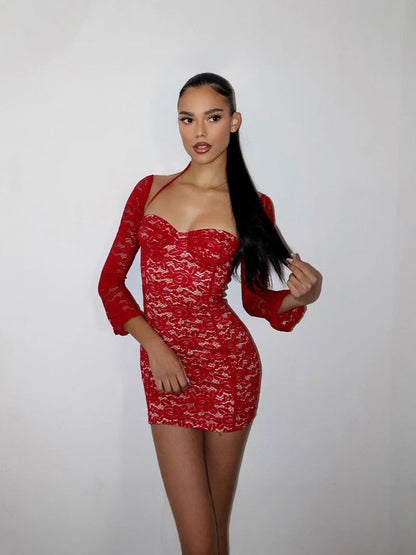 Lace Halter Mini Dress With Sheer Floral Design