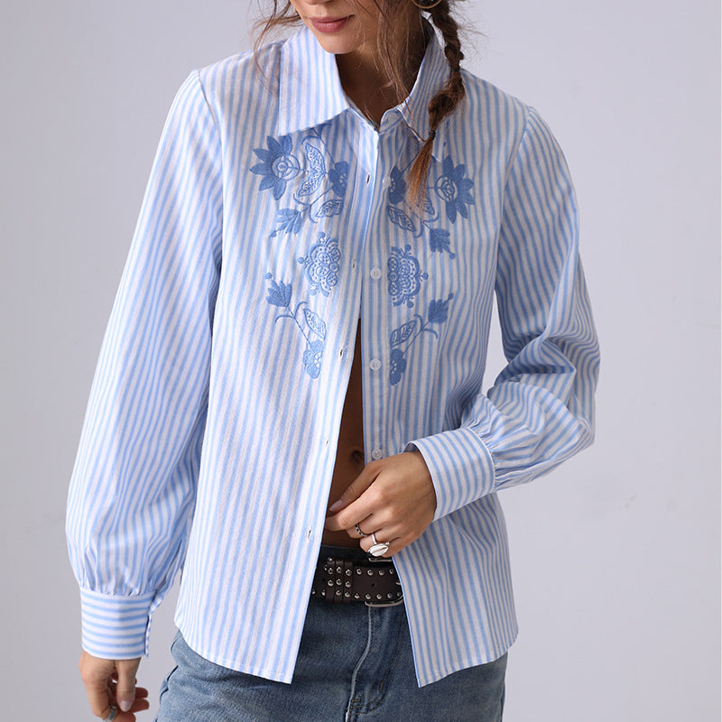 Casual Striped Embroidered Long Sleeve Shirt
