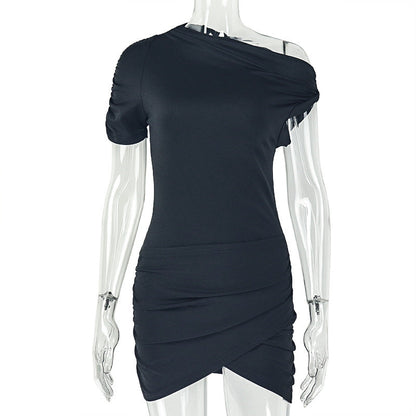 Solid Color Bodycon Dress With Asymmetrical Neckline