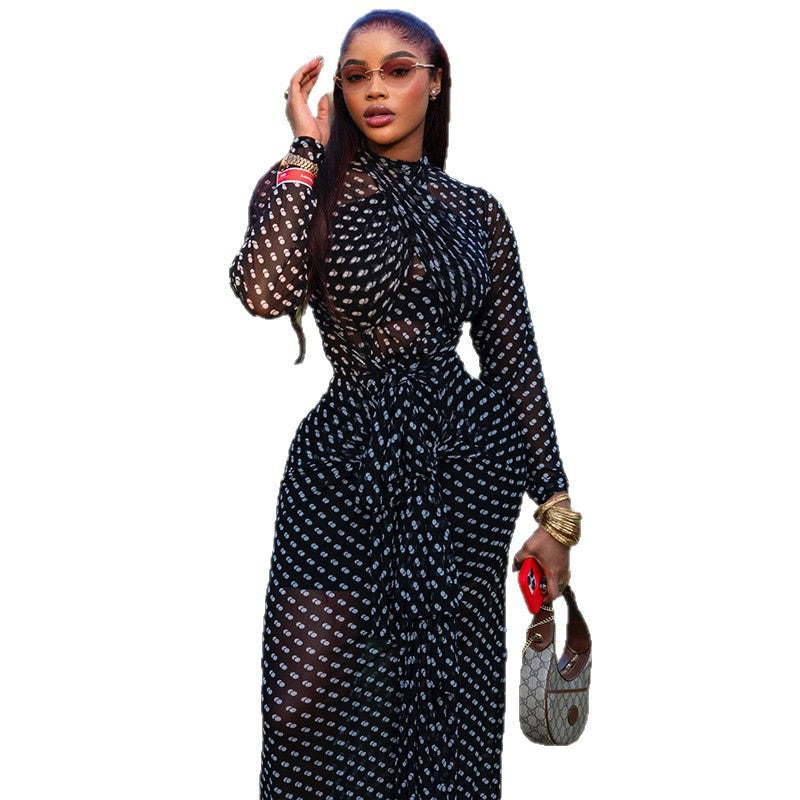 Trendy Polka Dot High Neck Long Sleeve Bodycon Dress