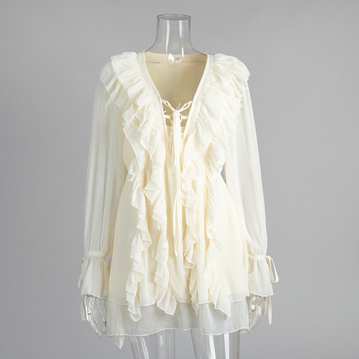 Chiffon Long Sleeve Dress With Lantern Sleeves And Ruffled Hem