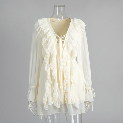 Chiffon Long Sleeve Dress With Lantern Sleeves And Ruffled Hem