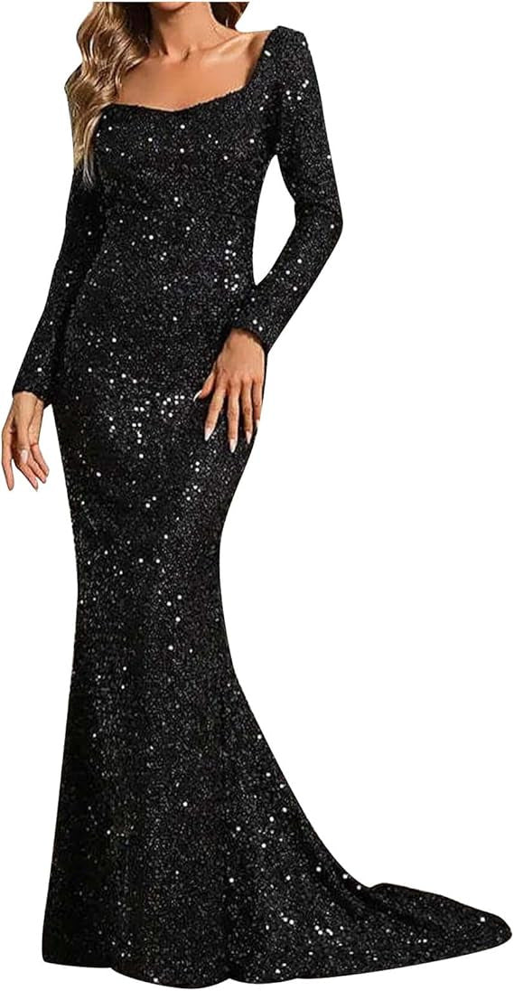 Stylish V-Neck Sequin Midi Dress with Bell Sleeves