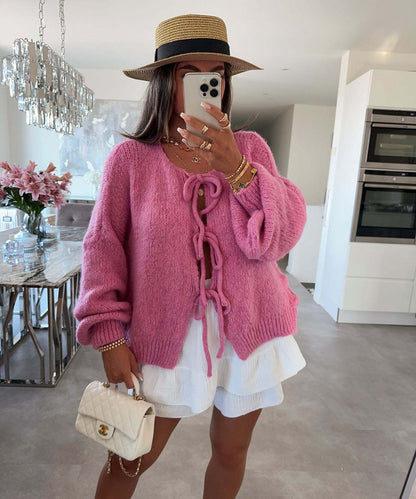 Crew Neck Lace-Up Knitted Cardigan Jacket Autumn And Winter New Solid Color Commuting Simple Sweater Women