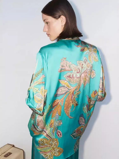 Retro Floral Print Satin Short Sleeve Shirt and Pants Set