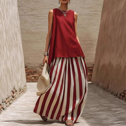 Solid Tank Top Striped Maxi Skirt Matching Set
