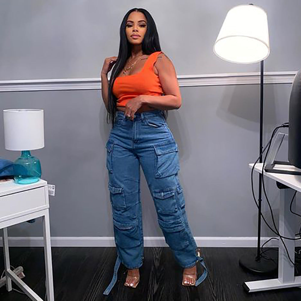 Trendy High Waist Cargo Jeans With Pockets