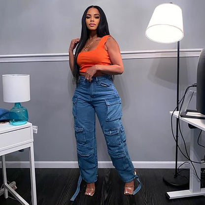 Trendy High Waist Cargo Jeans With Pockets