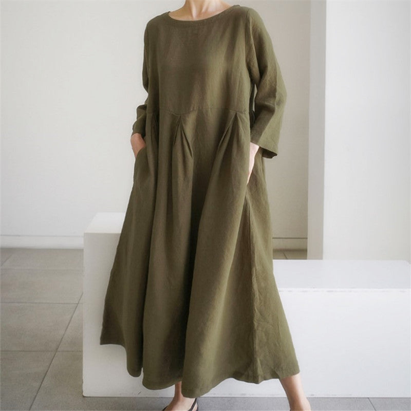 Loose Plus-Size Dress Fat Japanese Cotton And Linen Round Neck Pullover Solid Color Long Skirt Big Swing Dress