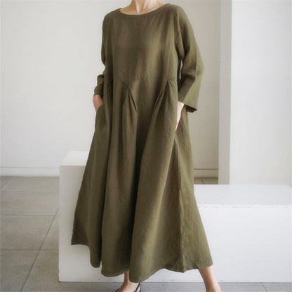 Loose Plus-Size Dress Fat Japanese Cotton And Linen Round Neck Pullover Solid Color Long Skirt Big Swing Dress