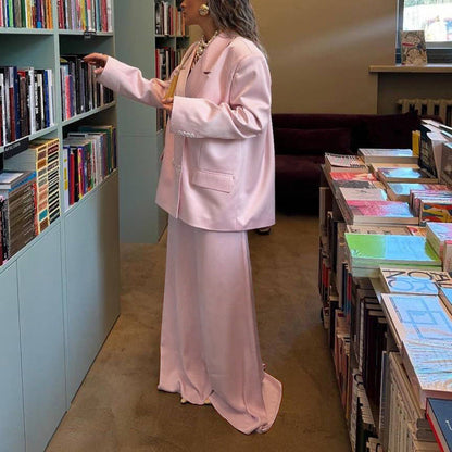 Chic Pink Satin Skirt Suit Set With Long Sleeve Blazer