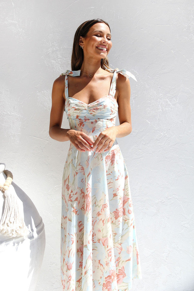 New Slim Fit Slim Waist V-Neck Strap Print Mid Length Dress For Women