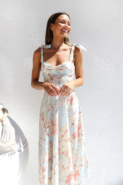 New Slim Fit Slim Waist V-Neck Strap Print Mid Length Dress For Women