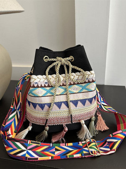 Trendy Ethnic Style Fringed Bucket Bag Casual Shoulder Bag