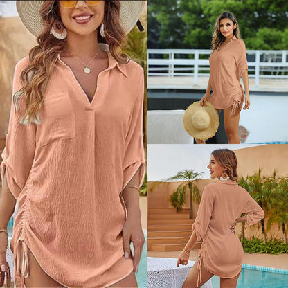 Drawstring Shirt Collar Beach Jacket Head Bikini Swimsuit Blouse Vacation Sunscreen Shirt