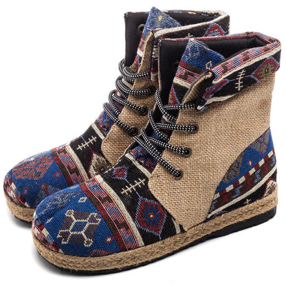 High-Top Linen Cloth Shoes Embroidered Lace-Up Flanging Color Matching Shoes National Wind Cotton And Linen Booties