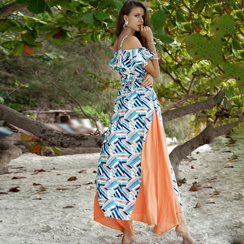 Off Shoulder Chiffon Split Long Style Women Beach Boho Dress Floral Print Maxi Robe Femme Fashion Ruffle Spaghetti Strap Dresses