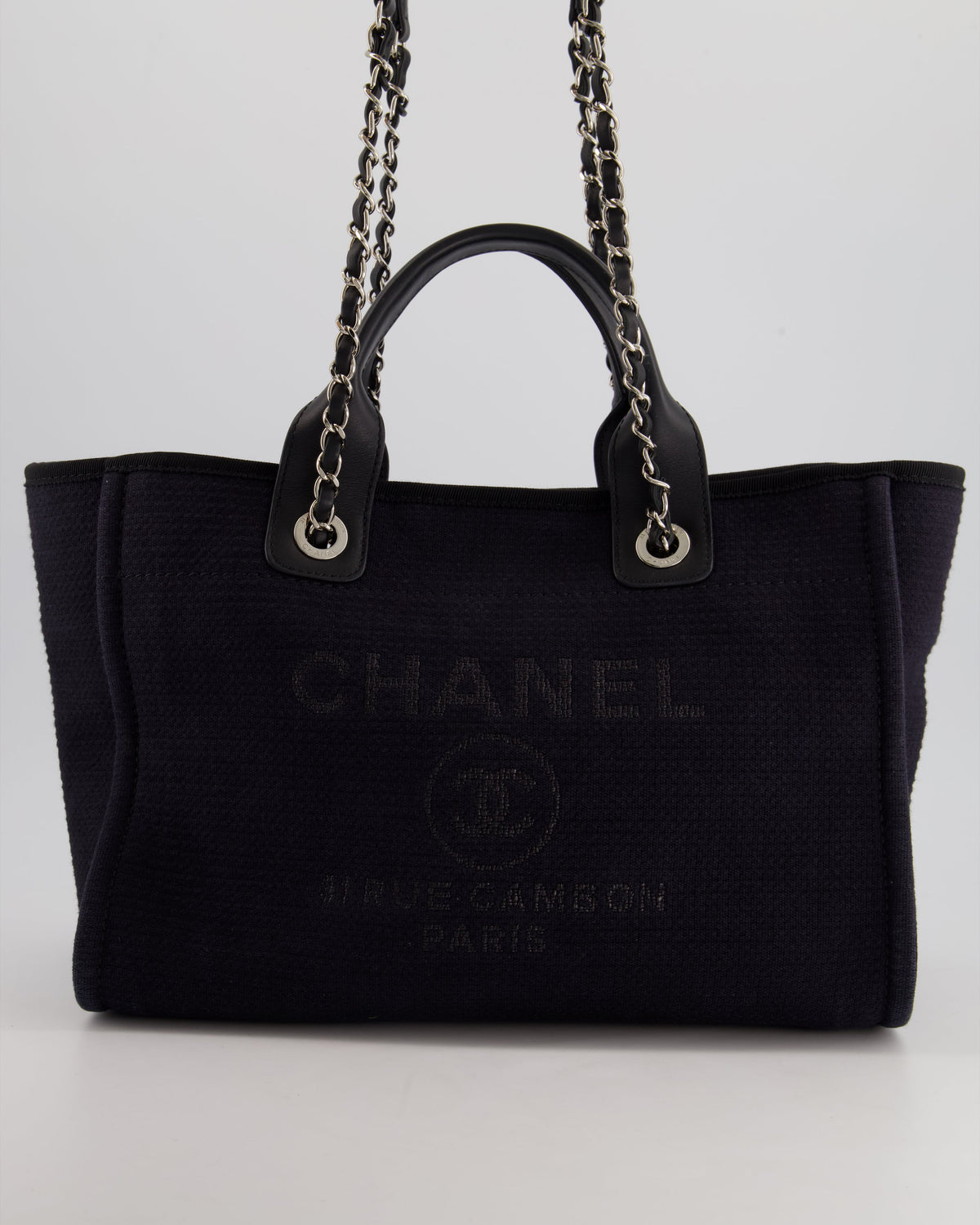 Chanel Navy & Black Small Deauville Tote Bag with Silver Hardware