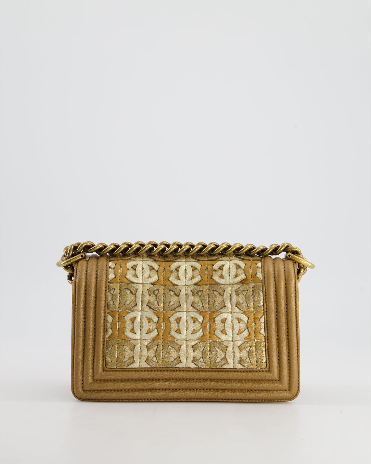 *LIMITED EDITION* Chanel Gold Metallic Small Boy Bag In Calfskin Leather with Antique Gold Hardware CC Details