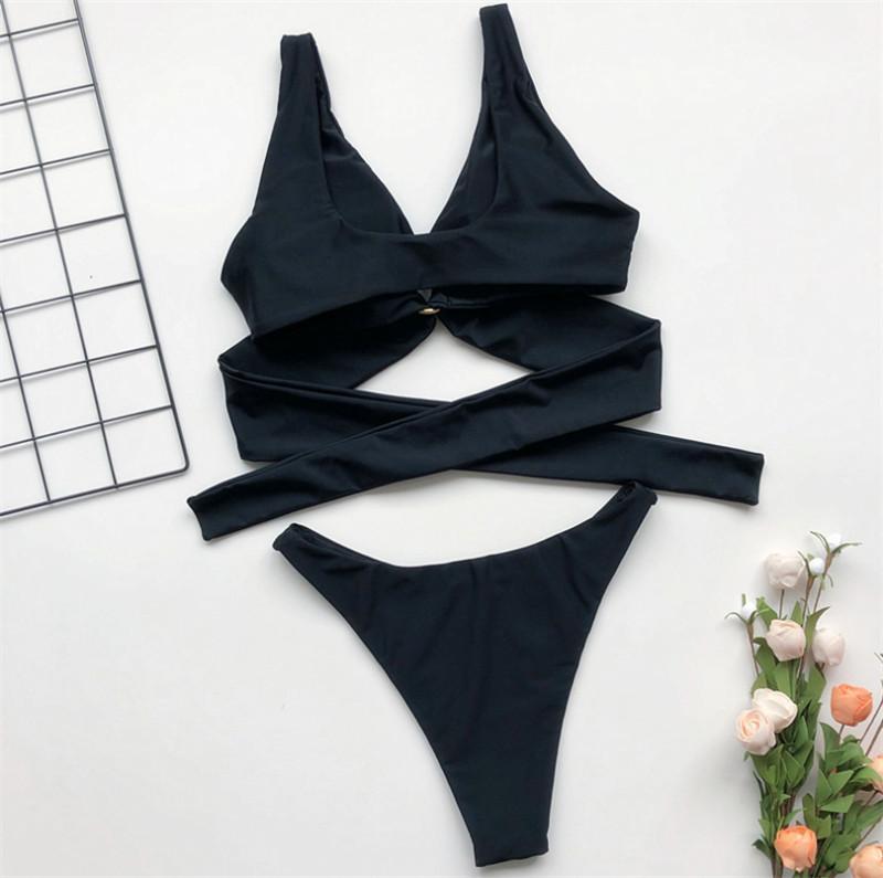 Women Solid Black Beach Swimwear Sexy Two Pieces Swimsuits