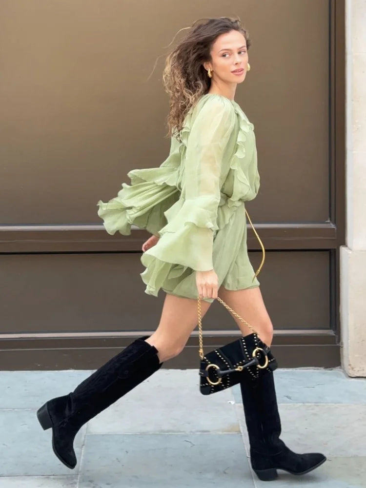 Pleated High Waisted Solid Color Casual Women'S Dress Chic Layered Ruffled Flared Long Sleeved Robes Ladies Street New Vestidos