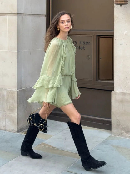 Pleated High Waisted Solid Color Casual Women'S Dress Chic Layered Ruffled Flared Long Sleeved Robes Ladies Street New Vestidos