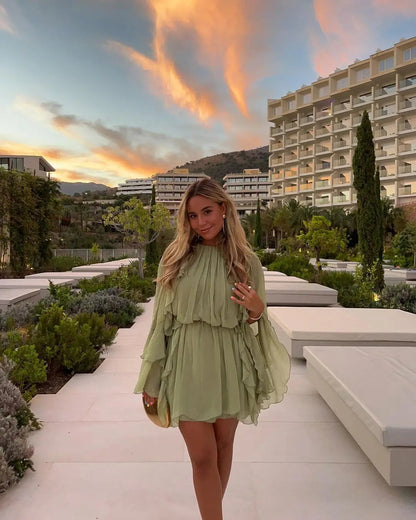 Pleated High Waisted Solid Color Casual Women'S Dress Chic Layered Ruffled Flared Long Sleeved Robes Ladies Street New Vestidos