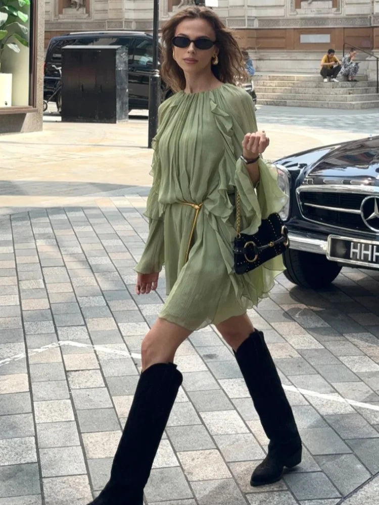 Pleated High Waisted Solid Color Casual Women'S Dress Chic Layered Ruffled Flared Long Sleeved Robes Ladies Street New Vestidos