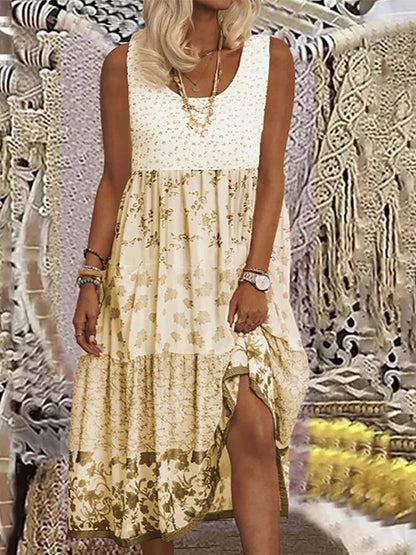 Plus Size Casual Women Summer Midi Dress 5Xl Large Size Floral Print Sleeveless Crewneck A Line Boho Beach Dresses