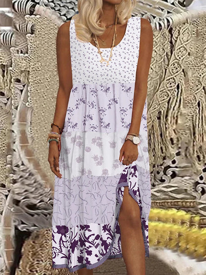 Plus Size Casual Women Summer Midi Dress 5Xl Large Size Floral Print Sleeveless Crewneck A Line Boho Beach Dresses