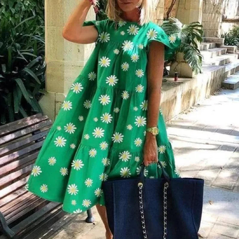 Plus-Size Dress Round Neck Pink Maple Leaf Butterfly Print Loose Casual Beach Dress Women'S Elegant Dresses Midi Dresses Fashion