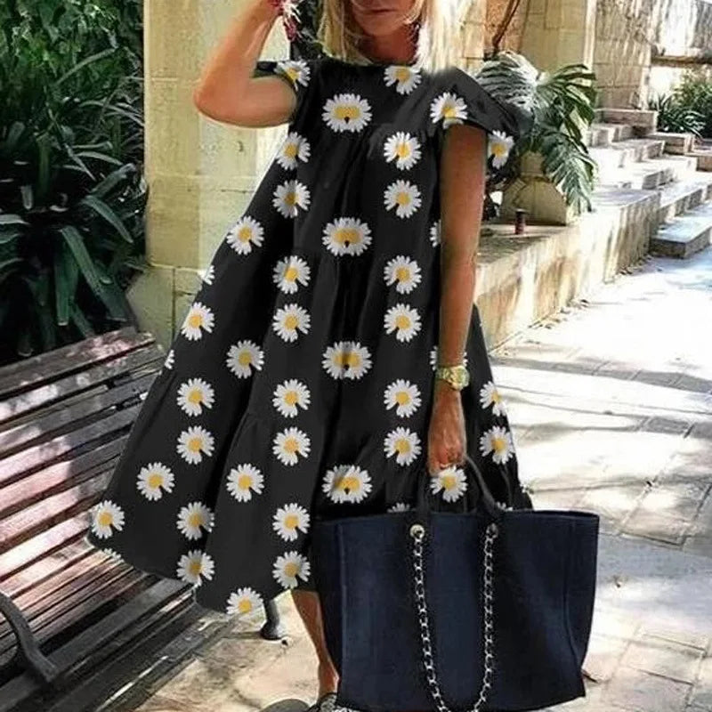 Plus-Size Dress Round Neck Pink Maple Leaf Butterfly Print Loose Casual Beach Dress Women'S Elegant Dresses Midi Dresses Fashion