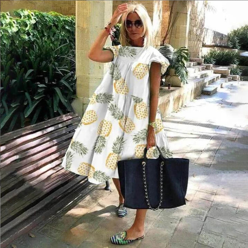 Plus-Size Dress Round Neck Pink Maple Leaf Butterfly Print Loose Casual Beach Dress Women'S Elegant Dresses Midi Dresses Fashion