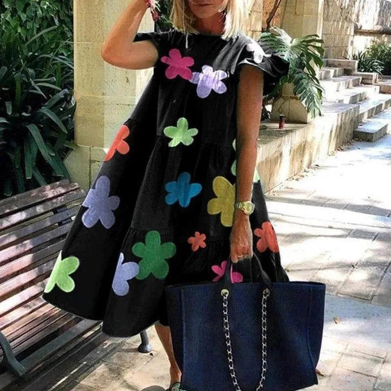 Plus-Size Dress Round Neck Pink Maple Leaf Butterfly Print Loose Casual Beach Dress Women'S Elegant Dresses Midi Dresses Fashion