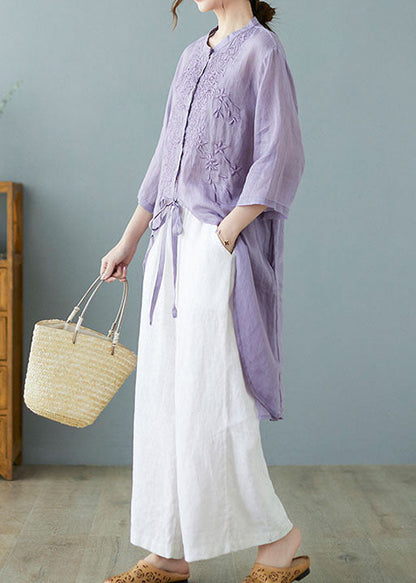 Purple Button Pockets Linen Tops Half Sleeve
