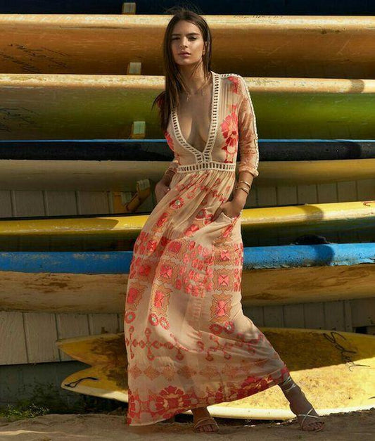 2018 Lace Stitch Bohemian Long Sleeve V-Neck Floral Long Dress