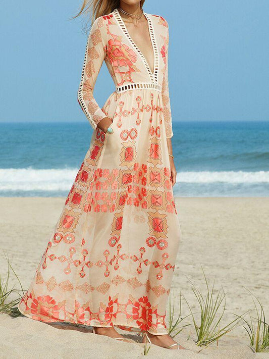 2018 Lace Stitch Bohemian Long Sleeve V-Neck Floral Long Dress