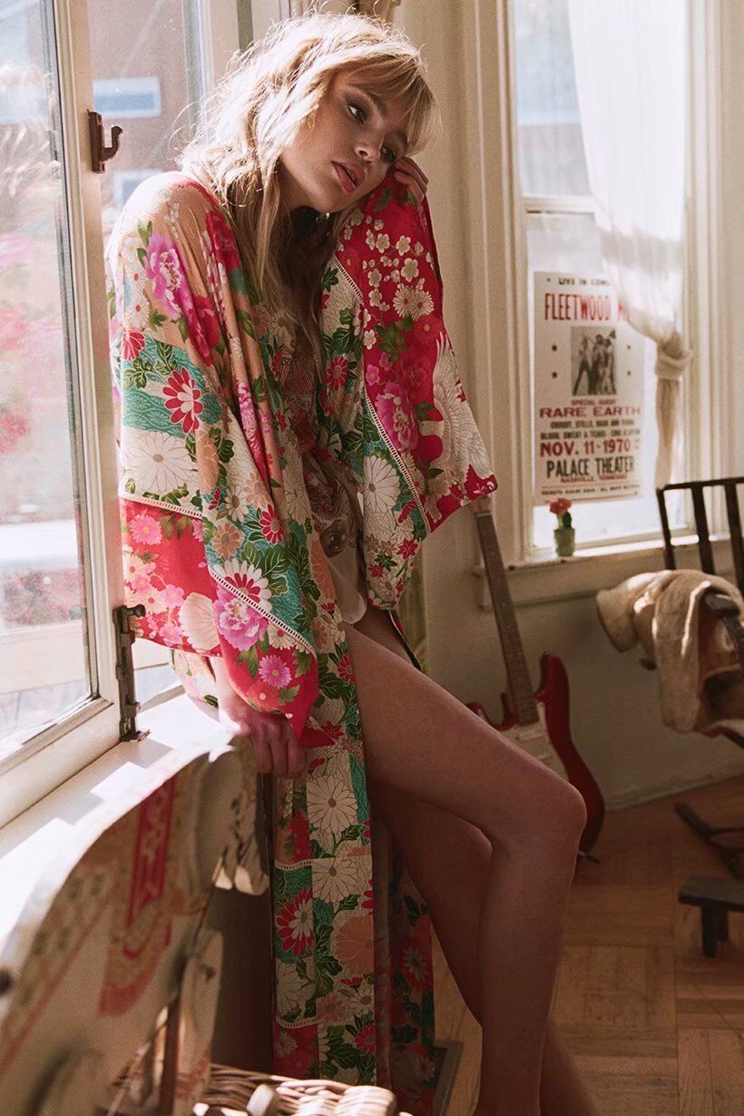 Boho Patchwork Maxi Floral Print Long Batwing Sleeve Belt Cover-Up